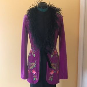 Embroidered jacket with feather collar